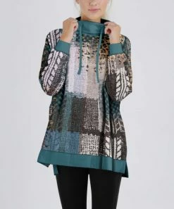 Lily | Blue & Gray Abstract Patchwork Cowl-Neck Pullover - Women & Plus