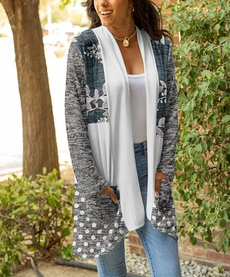 Lily | Blue & Heather Gray Patchwork Pocket Open Cardigan - Women & Plus 1 Lily | Blue & Heather Gray Patchwork Pocket Open Cardigan - Women & Plus