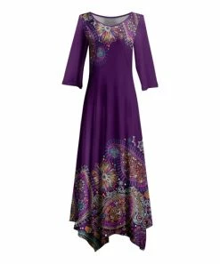Lily | Purple & Pink Paisley Handkerchief Three-Quarter Sleeve Dress - Women