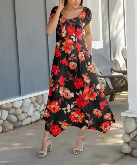 Lily | Black & Red Floral Handkerchief Maxi Dress - Women 1 Lily | Black & Red Floral Handkerchief Maxi Dress - Women