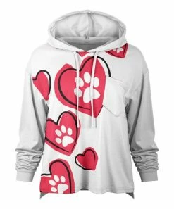 Lily | Rose & White Paw Print Hearts Chest-Pocket Hoodie - Women & Plus