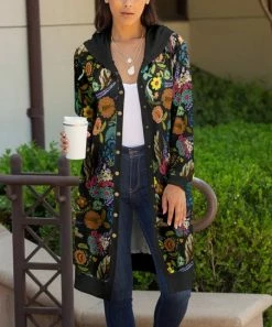 Lily | Black & Yellow Floral Hooded Snap-Up Duster - Plus