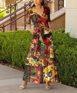 Lily | Red & Yellow Floral Tie-Waist Surplice Maxi Dress - Women