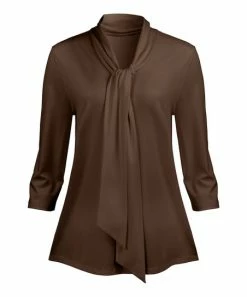 Lily | Brown Tie-Neck Three-Quarter Sleeve Tunic - Women & Plus