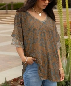 Lily | Brown & Gray Abstract Layered-Sleeve V-Neck Tunic - Women & Plus