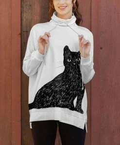 Lily | White & Black Cat Drawstring Pullover - Women & Plus