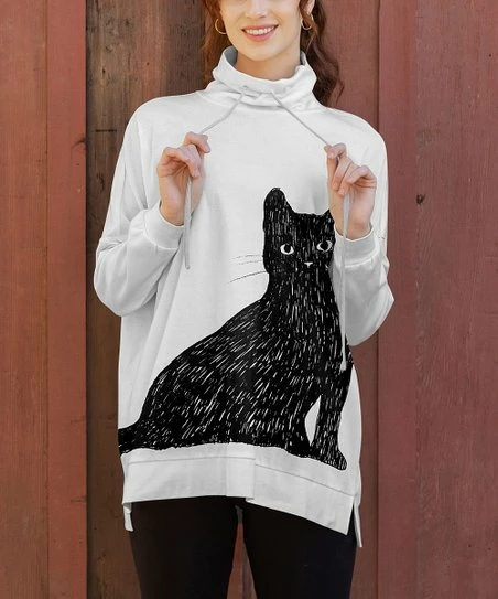 Lily | White & Black Cat Drawstring Pullover - Women & Plus 1 Lily | White & Black Cat Drawstring Pullover - Women & Plus