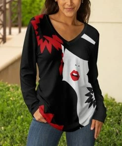 Lily | Black & Red Abstract Face Long-Sleeve V-Neck Tunic - Women & Plus