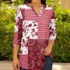 Lily | Red & White Patchwork Paisley Floral Three Quarter-Sleeve Notch Neck Tunic - Women & Plus