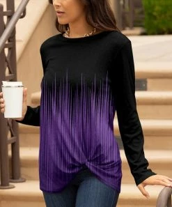 Lily | Black & Purple Abstract Stripe Long Sleeve Knot-Front Tunic - Women & Plus