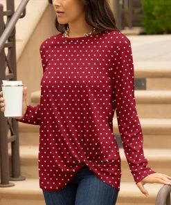 Lily | Red & White Polka Dot Long Sleeve Knot-Front Tunic - Women & Plus