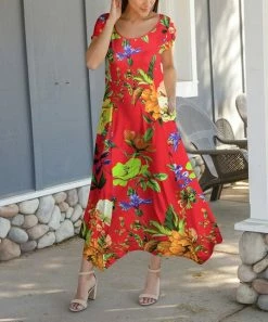 Lily | Red & Green Floral Handkerchief Maxi Dress - Women & Plus