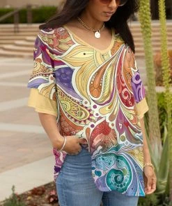 Lily | Yellow & Purple Paisley Layered-Sleeve V-Neck Tunic - Women & Plus