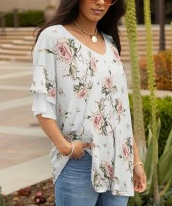 Lily | White & Pink Floral Ruffle Sleeve Tunic - Women & Plus