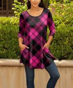 Lily | Pink & Black Plaid Three-Quarter Sleeve Tunic - Women & Plus