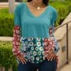 Lily | Teal & Red Floral Color Block Long Sleeve V-Neck Tunic - Women & Plus
