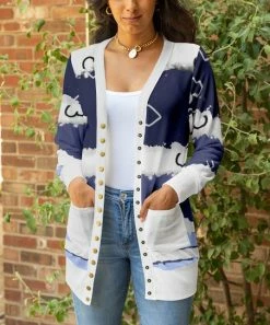 Lily | Blue & White Abstract Pocket Button-Up Cardigan - Women & Plus