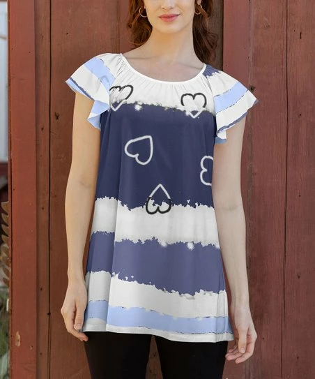 Lily | White & Navy Stripe Heart Flutter-Sleeve Tunic - Women & Plus 1 Lily | White & Navy Stripe Heart Flutter-Sleeve Tunic - Women & Plus