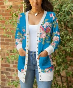 Lily | Blue & Pink Floral Pocket Button-Up Cardigan - Women & Plus