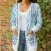 Lily | Blue & White Abstract Pocket Button-Up Cardigan - Women & Plus