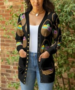 Lily | Black & Brown Easter Basket Pocket Button-Up Cardigan - Women & Plus