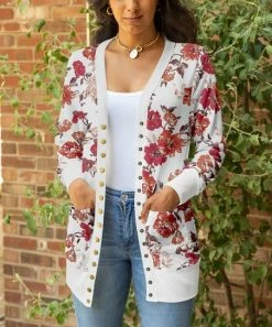Lily | Mauve & White Floral Pocket Button-Up Cardigan - Women & Plus
