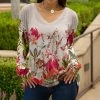 Lily | Beige & Red Floral Long-Sleeve V-Neck Tunic - Women & Plus