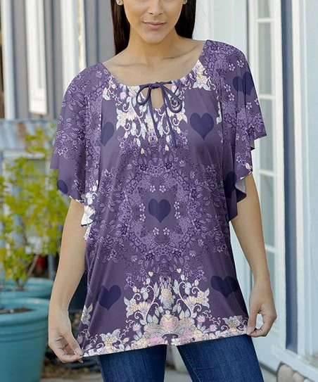 Lily | Lavender & Green Floral Heart Tie-Neck Tunic - Women & Plus 1 Lily | Lavender & Green Floral Heart Tie-Neck Tunic - Women & Plus