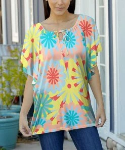 Lily | Yellow & Coral Floral Tie-Neck Tunic - Women & Plus