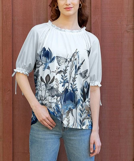 Lily | Blue & Aqua Butterfly Floral Ruffle-Neck Tunic - Women & Plus 1 Lily | Blue & Aqua Butterfly Floral Ruffle-Neck Tunic - Women & Plus