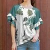 Lily | Teal & White Leaf Ruffle Sleeve Top - Women & Plus