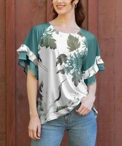 Lily | Teal & White Leaf Ruffle Sleeve Top - Women & Plus