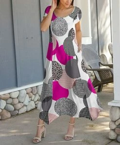 Lily | White & Pink Houndstooth Circles Pocket Handkerchief Maxi Dress - Women & Plus