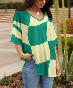 Lily | Green & Cream Abstract Checkerboard Ruffle-Sleeve V-Neck Tunic - Women & Plus