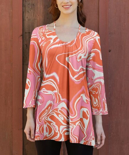 Lily | Orange & Pink Abstract Cutout Three-Quarter Sleeve Tunic - Women & Plus 1 Lily | Orange & Pink Abstract Cutout Three-Quarter Sleeve Tunic - Women & Plus