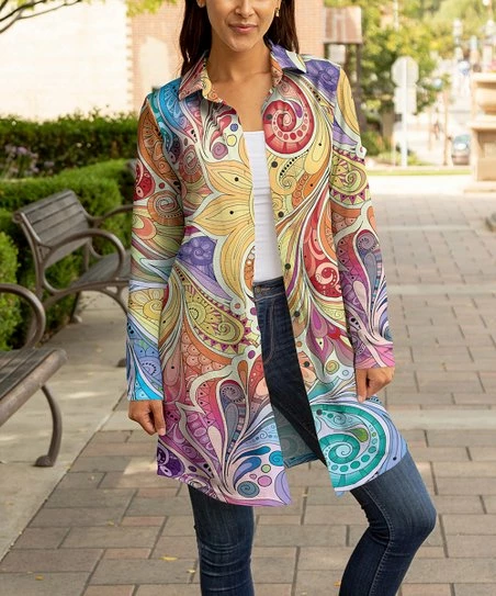 Lily | Yellow & Blue Abstract Swirl Button-Up Shacket - Women & Plus 1 Lily | Yellow & Blue Abstract Swirl Button-Up Shacket - Women & Plus