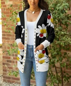 Lily | Black & Yellow Floral Pocket Snap-Up Cardigan - Women & Plus