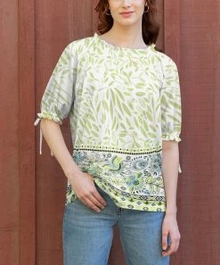 Lily | White & Green Paisley Leaf Ruffle-Trim Tie-Accent Tunic - Women & Plus