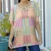 Lily | Mint & Pink Patchwork Tie-Neck Butterfly-Sleeve Tunic - Women & Plus