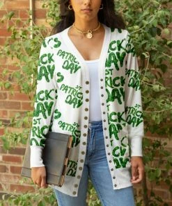 Lily | White & Green 'St. Patrick's Day' Pocket Snap-Up Cardigan - Women & Plus