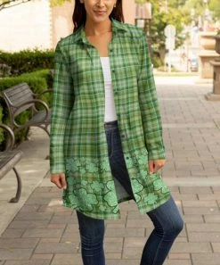 Lily | Mint Green Clover Plaid Button-Up Shacket - Women & Plus