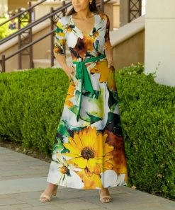 Lily | White & Green Floral Tie-Waist Surplice Maxi Dress - Women & Plus