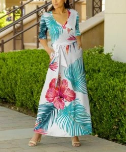 Lily | White & Pink Tropical Flower Tie-Waist Surplice Maxi Dress - Women & Plus