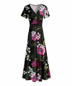 Lily | Black & Pink Floral Tie-Waist Short-Sleeve Maxi Dress - Women & Plus