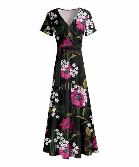 Lily | Black & Pink Floral Tie-Waist Short-Sleeve Maxi Dress - Women & Plus 1 Lily | Black & Pink Floral Tie-Waist Short-Sleeve Maxi Dress - Women & Plus