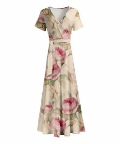 Lily | Beige & Pink Floral Tie-Waist Short-Sleeve Maxi Dress - Women & Plus