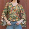 Lily | Blue & Red Floral Bell-Sleeve V-Neck Tunic - Women & Plus