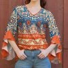 Lily | Orange & Blue Floral Bell-Sleeve V-Neck Tunic - Women & Plus