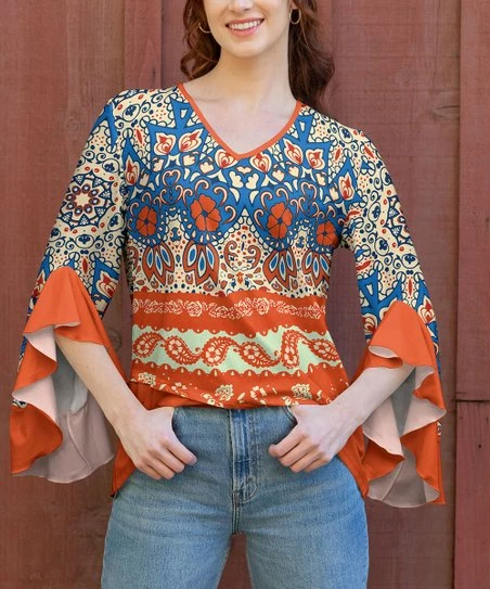 Lily | Orange & Blue Floral Bell-Sleeve V-Neck Tunic - Women & Plus 1 Lily | Orange & Blue Floral Bell-Sleeve V-Neck Tunic - Women & Plus
