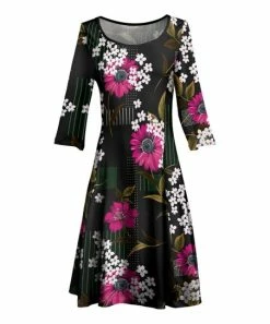 Lily | Black & Pink Floral Three-Quarter Sleeve A-Line Dress - Women & Plus
